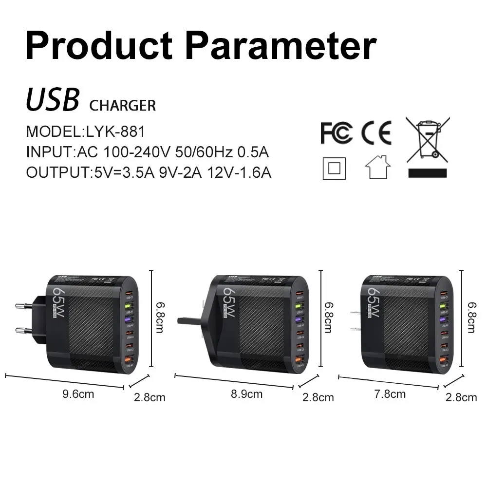 3.1A 6 in 1 3USB 3PD Charger QC3.0 Fast Charging Quick Charger For Samsung S23 Xiaomi Mobile Phone Charge Adapter EU//US/UK Plug