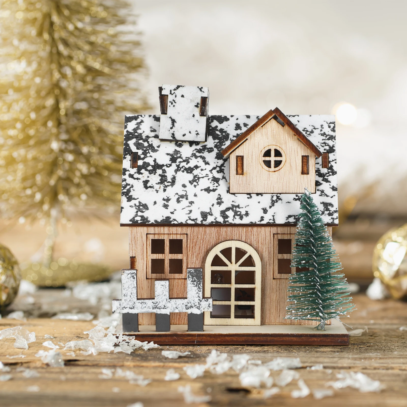

3Pcs Wooden Christmas Houses with Warm LED Lights Traditional Design for Festive Displays and Crafting Projects