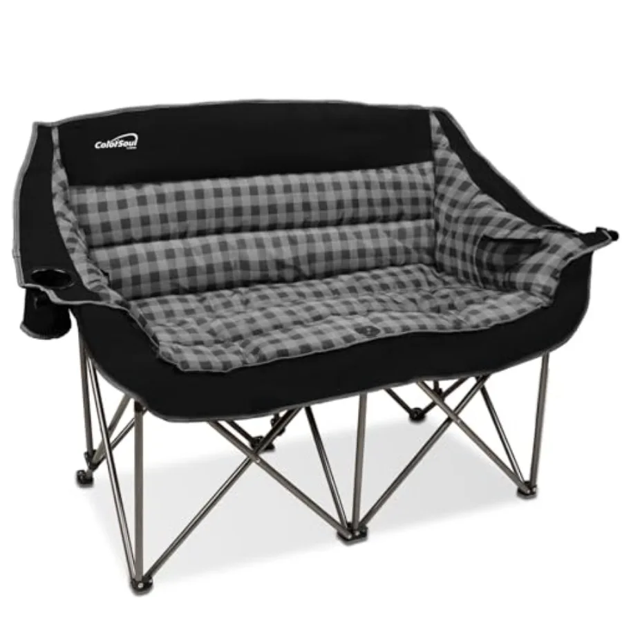 

Camping chair for 2 people polyester fabric black plaid double folding with full padding cup holder wine glass holder mesh stor