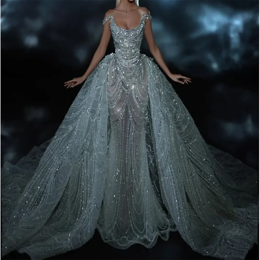 

Luxury Bridal Wedding Dresses Off The Shoulder Shiny Beads Pearl Wedding Gown Mermaid Bride Prom Gowns Customized