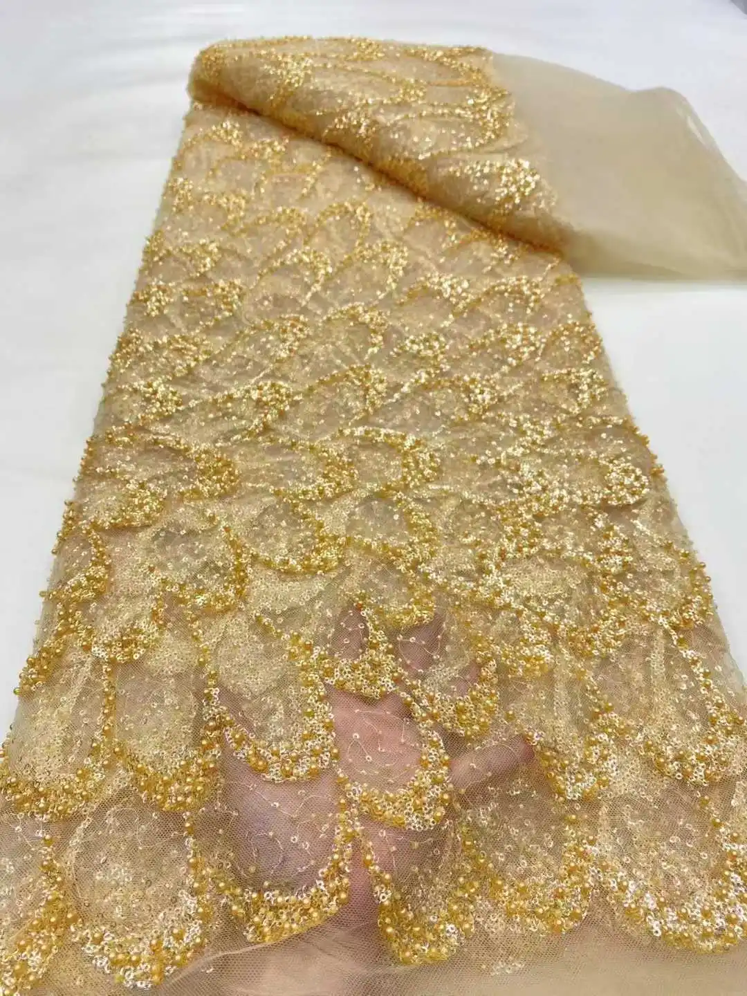 Luxurious African Beaded Net Mesh Lace Fabric 2025 Sequins French Tulle Lace Fabric African for Nigerian Wedding Party Dresses