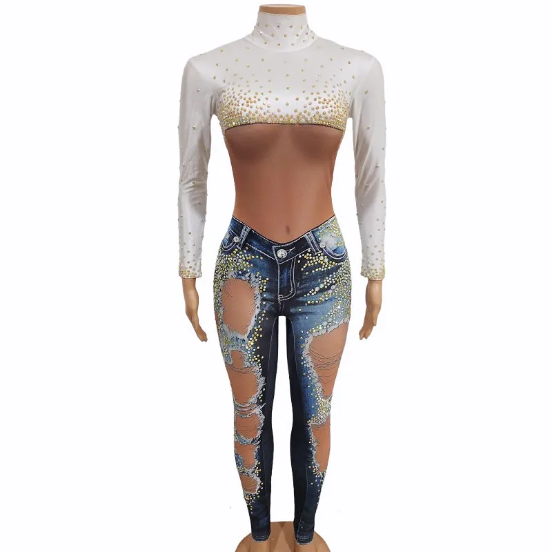 

Imitation Denim Print Jumpsuit Women Crystal Tight Leotard Dance Costume Bar Nightclub Sexy Stage Wear Party Performance Clothes