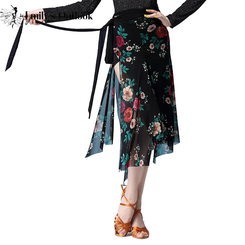 Ballroom Latin Dance Skirt Tango Slasa  Wrap Belt Dancer Practice Performance Hip Scarf Colorful Floral Print Mesh Skirt Sexy