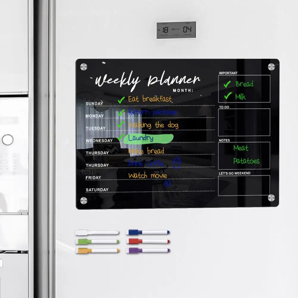 텍스트 블랙 캘린더 주간 플래너 화이트 보드, 마그네틱 냉장고 아크릴 보드, 블랙 텍스트, 쉬운 읽기, 6 마커