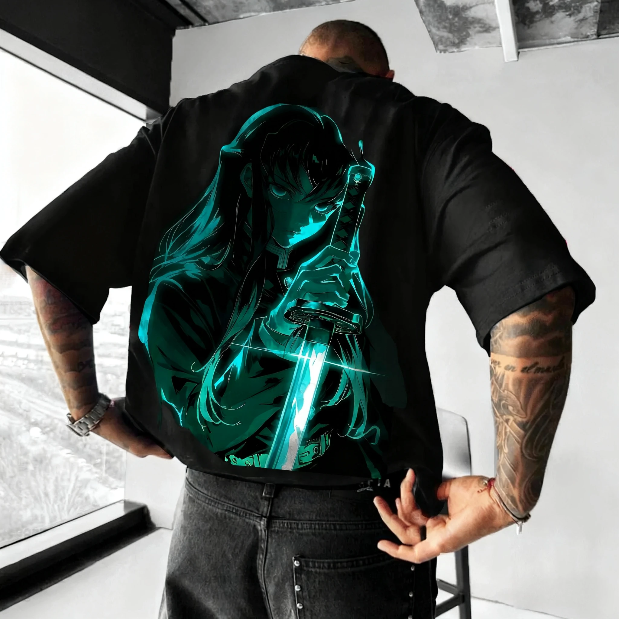 

Demon Slayer Anime Tokitou Muichirou Printed T-shirt 2025 Men's Summer New Harajuku Large Trendy Casual Loose Parent Child Top