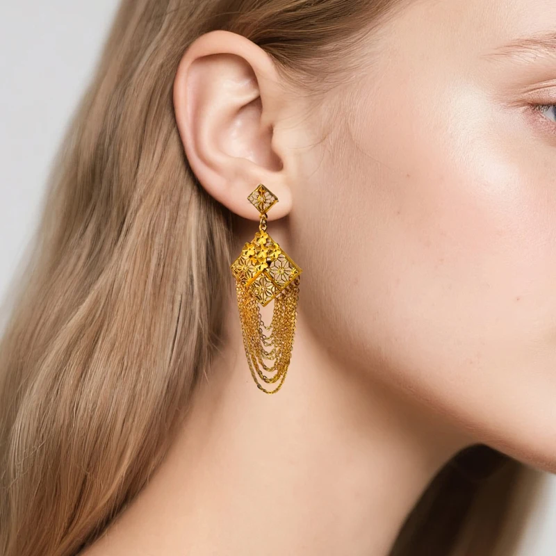 

Luxury Dubai Tassels Pendant Earrings Elegant 24K Gold Plated Copper Drop Earrings For Women Indian Wedding Jewelry Ramadan Gift