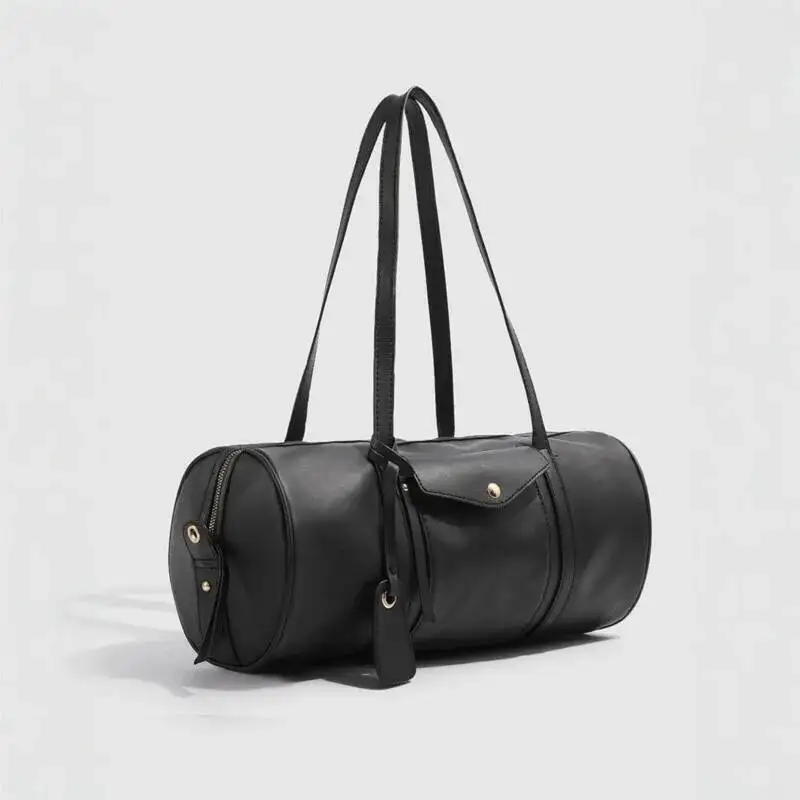 Retro Black Shoulder For Women Zip Cylinder Leather Large Capacity Handbag Ladies Fashion Simple Versatile Crossbody Bag New
