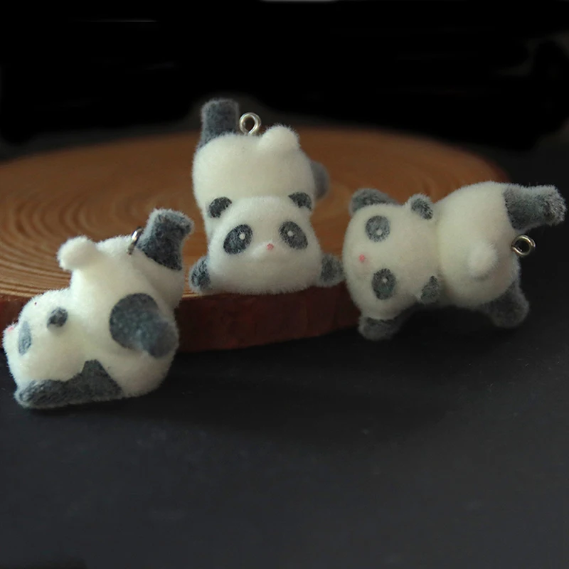 3D Flocking Panda Keychain Cartoon Plush Animal Keyring Bag Pendant Car Key Holder Earphone Charm DIY Jewelry Ornament Accessor