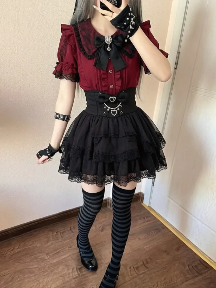 Gothic Lolita Japanese Subculture Dark Cute 2 Piece Set Women Red Ruffle Lace Trim Bow Rhinestone High Waist Mini Skirt Party