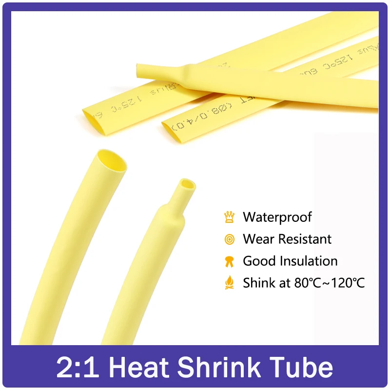 

1-25M Yellow 2:1 Heat Shrink Tube Dia 0.6mm ~ 80mm Polyolefin Heat Shrinkable Tubing Cable Sleeving Wrap DIY Cable Repair Sleeve