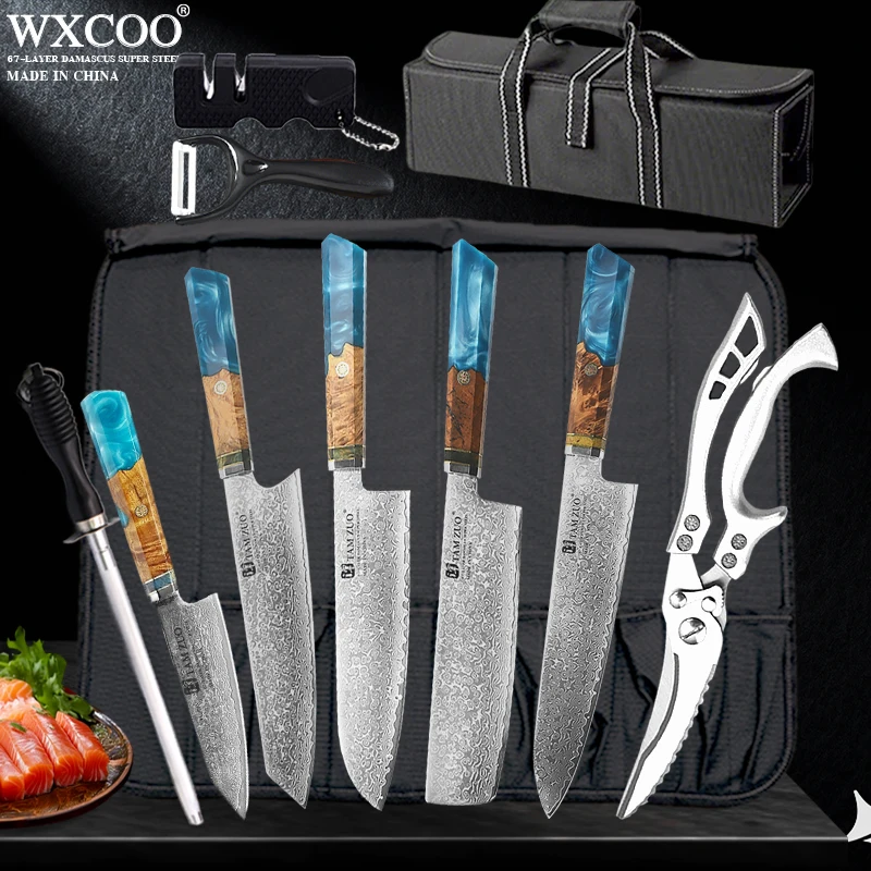 

WXCOO Damascus Pattern Kitchen Knife Japanese Kiritsuke Knife Fish Fillet Boning Knife Scissor Set for Housheold Cooking Cutter