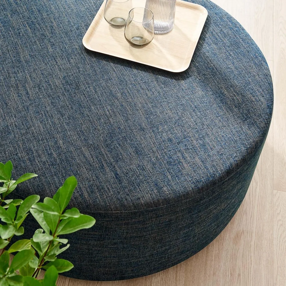 38 Inch Round Ottoman in Heathered Weave Azure - Heathered Woven Fabric - Versatile Upholstered Coffee Table and F