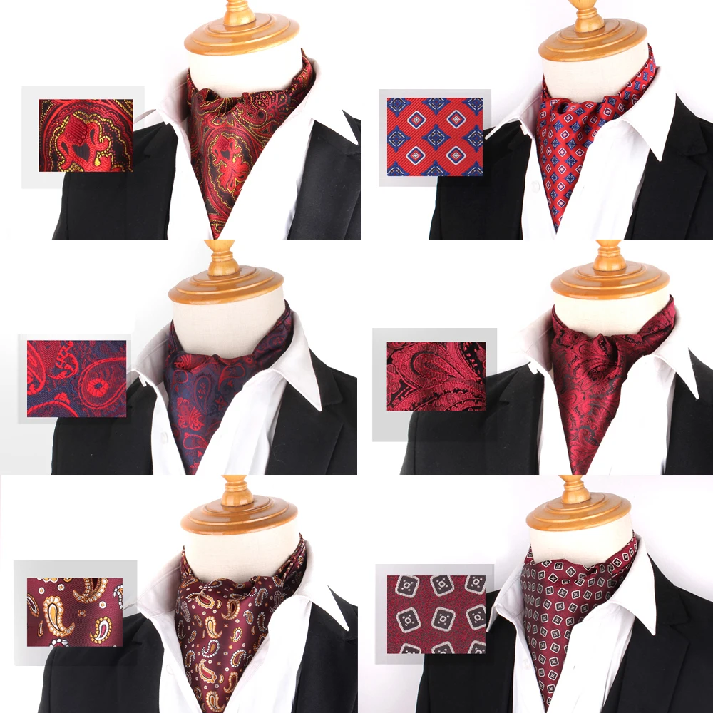 

Red Pattern Men Cashew Tie Wedding Formal Cravat Ascot Scrunch Self British Gentleman Polyester Soft Paisley Neck Tie Luxury