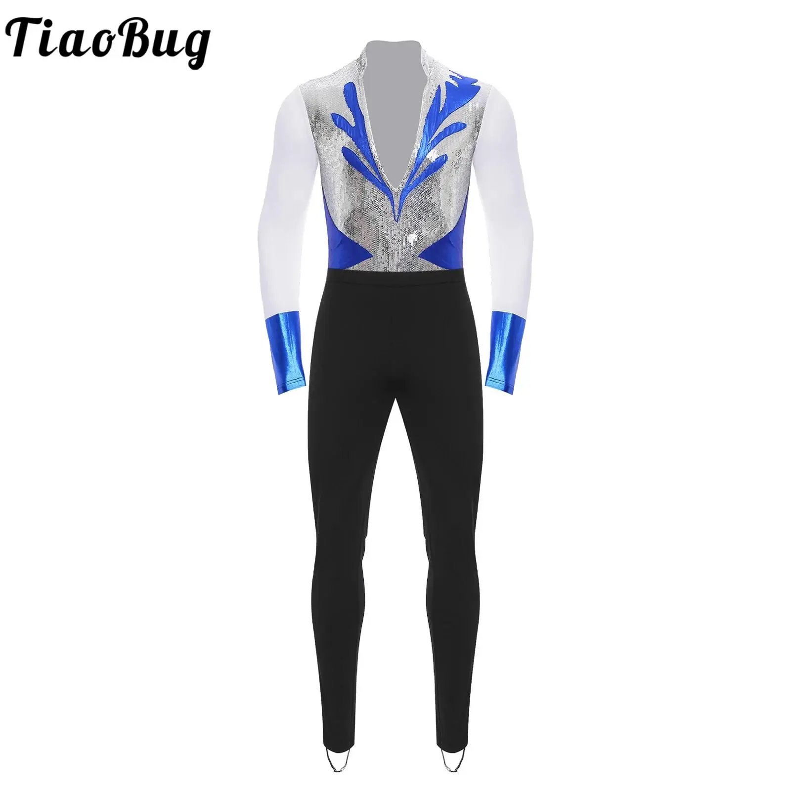 

Figure Skating Dance Costume for Men Shiny Outfits Sequin Leotards Gymnastic Bodysuits And Buckled Stirrup Leggings Skating Wear