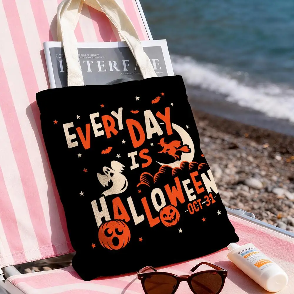 Vintage Halloween Graphic Storage Bags Canvas Tote Bag Large Capacity Shoulder Bag Eco-Friendly Reusable Casual Handbag