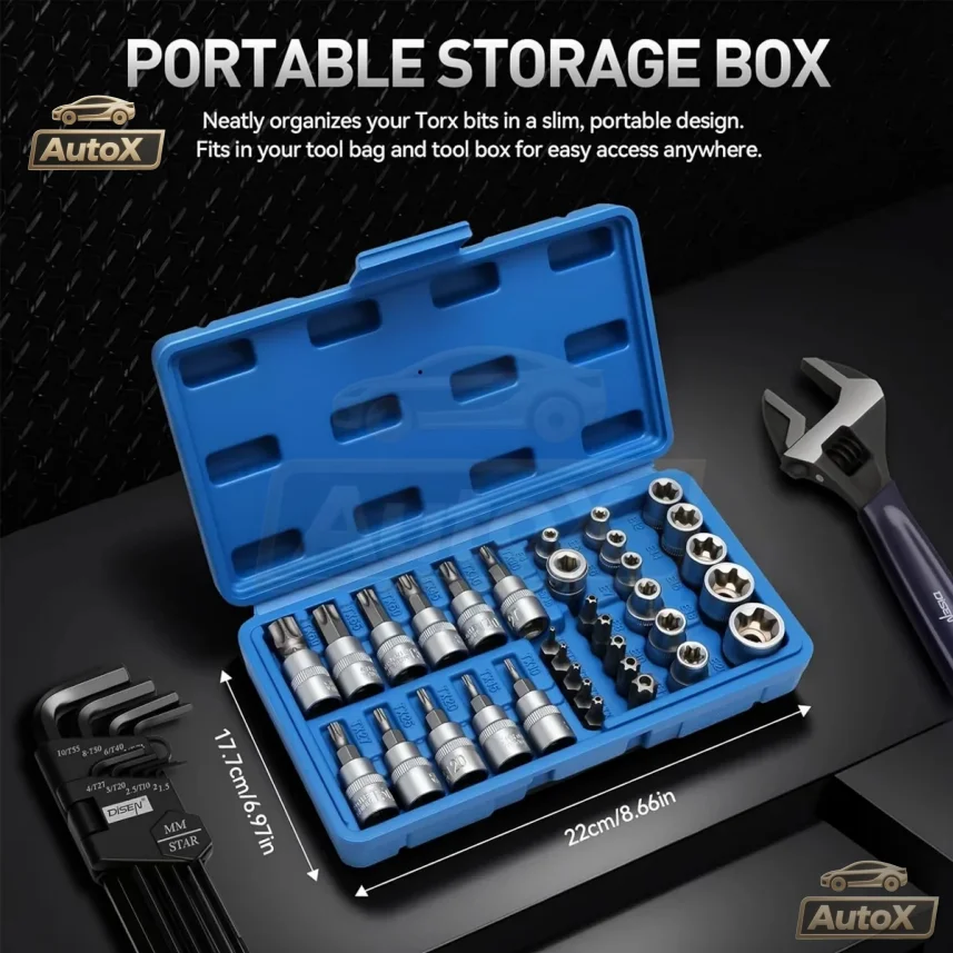 

Auto X 34 шт. Набор торцевых бит Torx и насадок E-Torx Star 1/2 дюйма 1/4 дюйма 3/8 дюйма Привод «папа/гнездо» Насадки для электронной безопасности Инструмент для ремонта