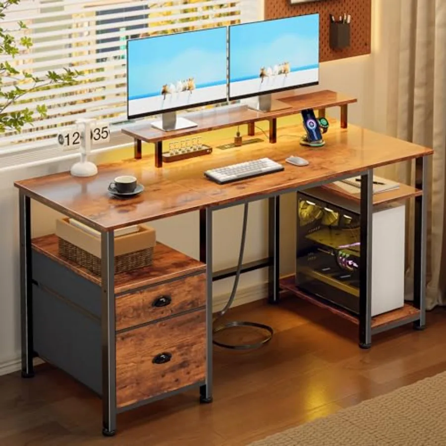 51 Computer Desk with Outlets LED for Home Office, Brown MDF with Scratch-Resistant Surface, 2 Drawers Cable Management