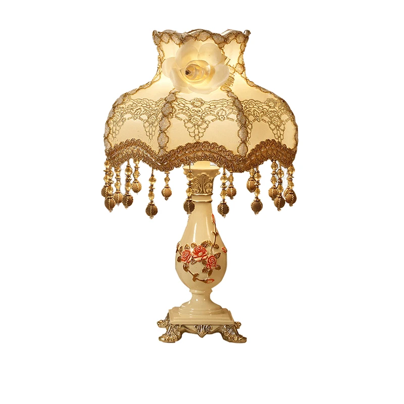 

American bedroom bedside lamp, resin festive creative American desk lamp, European fabric retro wedding tone