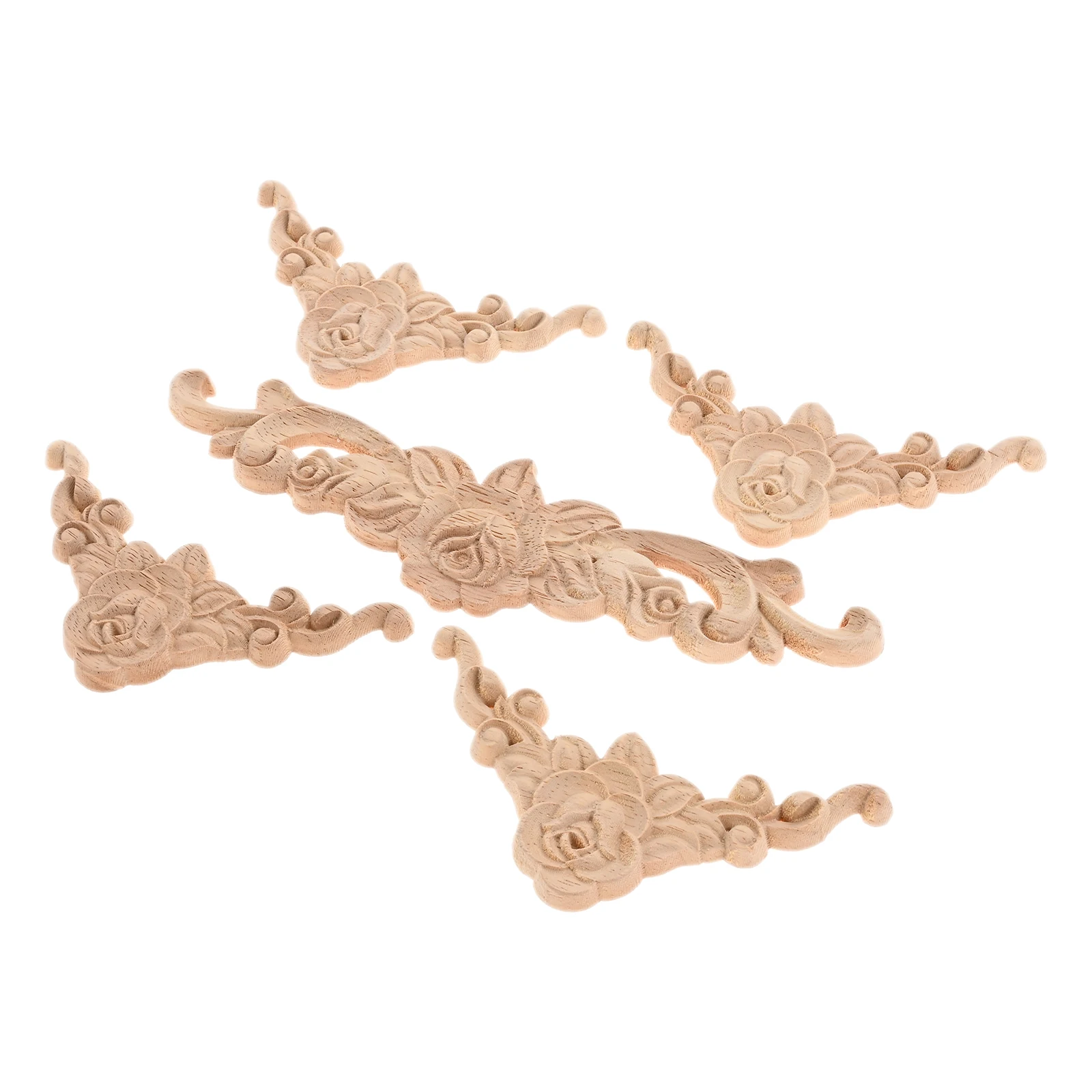 

5 Pcs Unpainted Wood Appliques Onlays Bed Door Cabinet Wardrobe 20*5cm+8*8cm Wood Carved DIY Decorative for Furniture