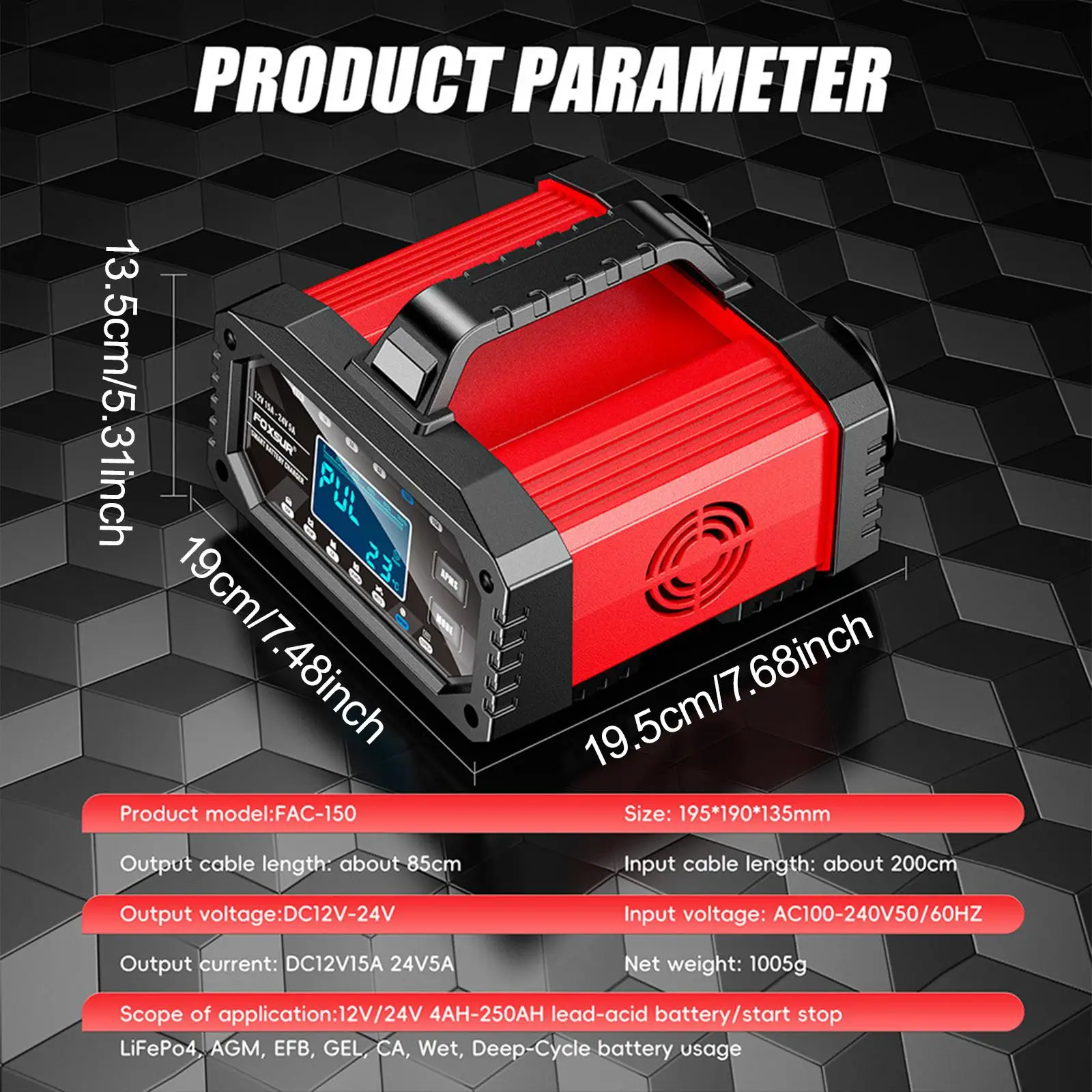 

15 Amp Automotive Battery Charger EU 220V Plug LCD Display for Motorcycle Professional