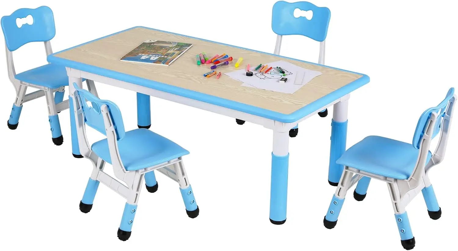 Kids Table and 4 Chair Set, Height Adjustable Toddler Table and Chair Set, Non-Slip Legs, Graffiti Desktop, Large Childre