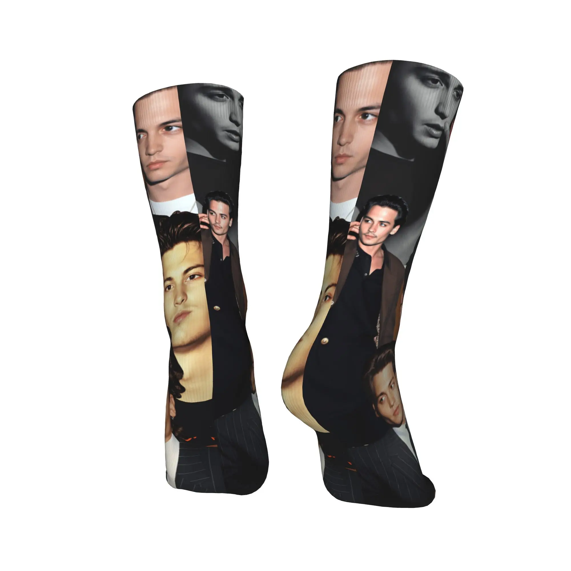 Kaus Kaki Cetak Kolase Johnny Depp, Stoking Musim Semi, Kaus Kaki Unisex Pria Berkualitas, Desain Kaus Kaki Anti Keringat untuk Mendaki