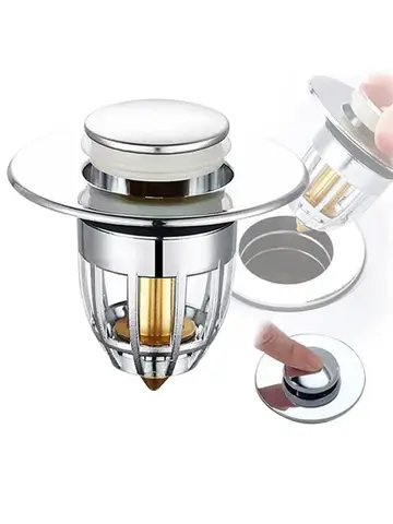 Universal Rebound Drain Plug Filter Basin Pop-up Chrome Sink Filter with Hair Catcher Bathroom Sink Drain Stopper Easy Push Type