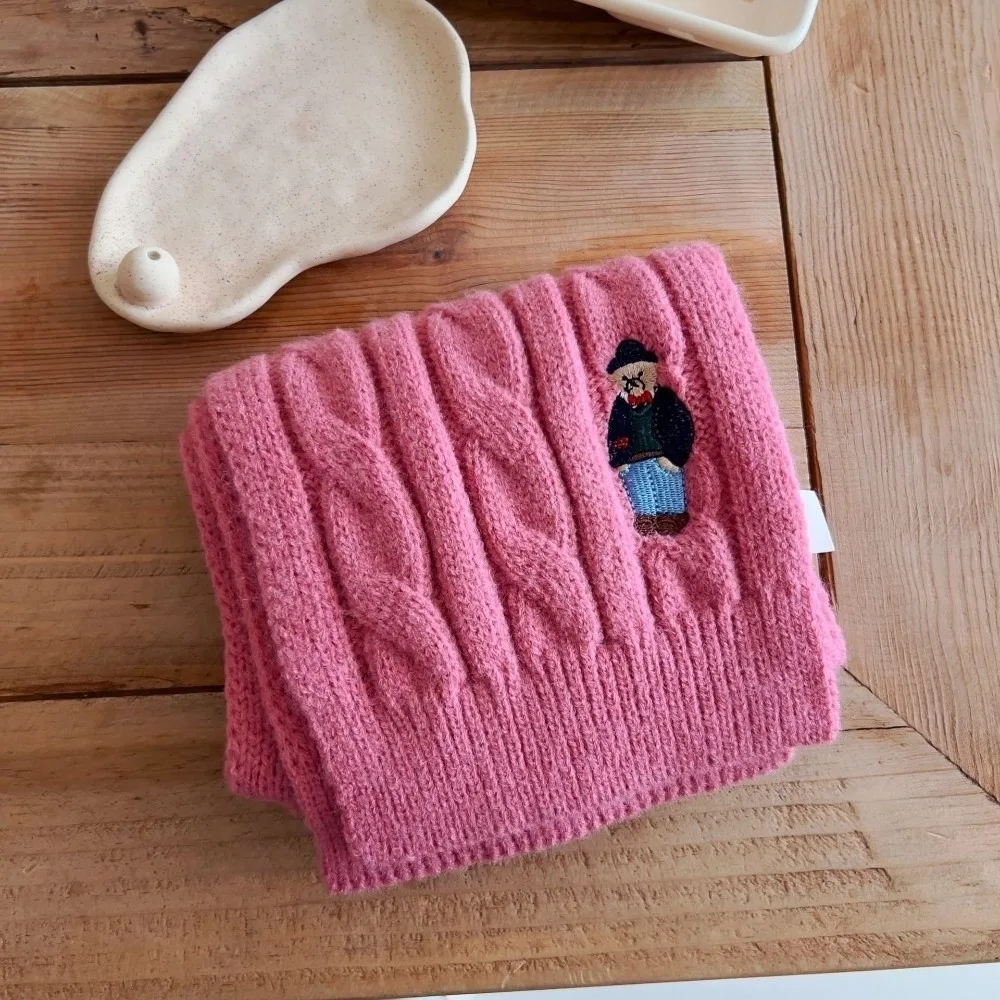 Thicken Children's Knitted Scarf Solid Color Keep Warm Infant Neckwarmers Bear Embroidery Children's Winter Scarf Kids
