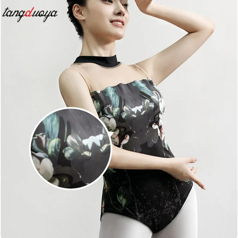 Women Ballet Leotards Backless Gymnastics Leotard Floral Printing Leotard Adult Skate Pole Dancing Bodysuit Swimwear ﻿