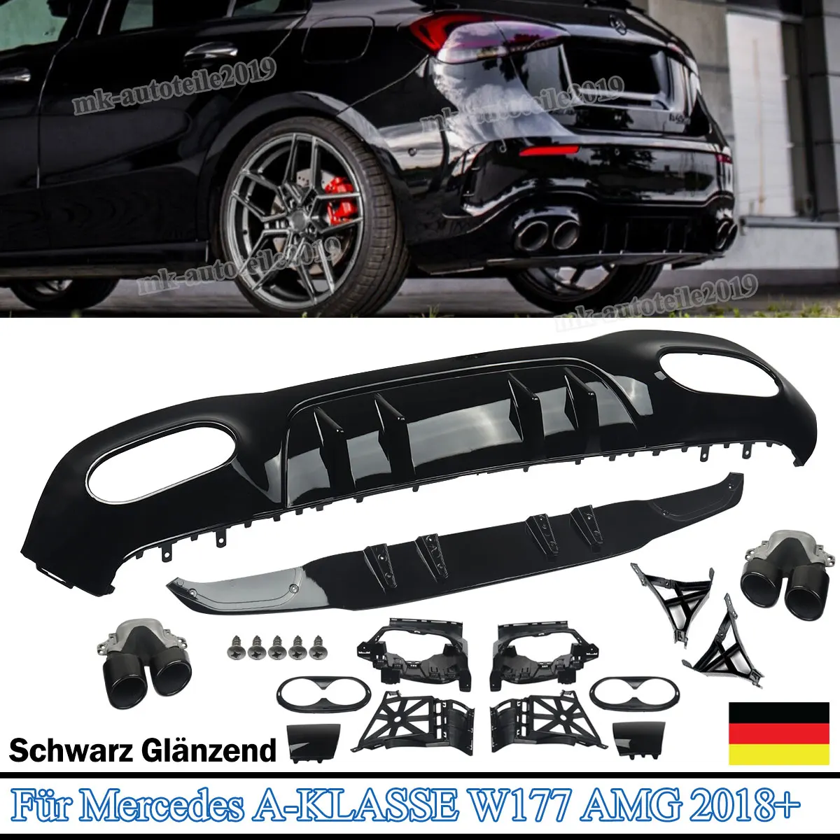 Für Mercedes-Benz A-Klasse W177 Sport Hatchback 2019-UP A45 Look Glänzend Schwarzer Heckdiffusor Auspuffrohre + Schwarzes Auspuffrohr