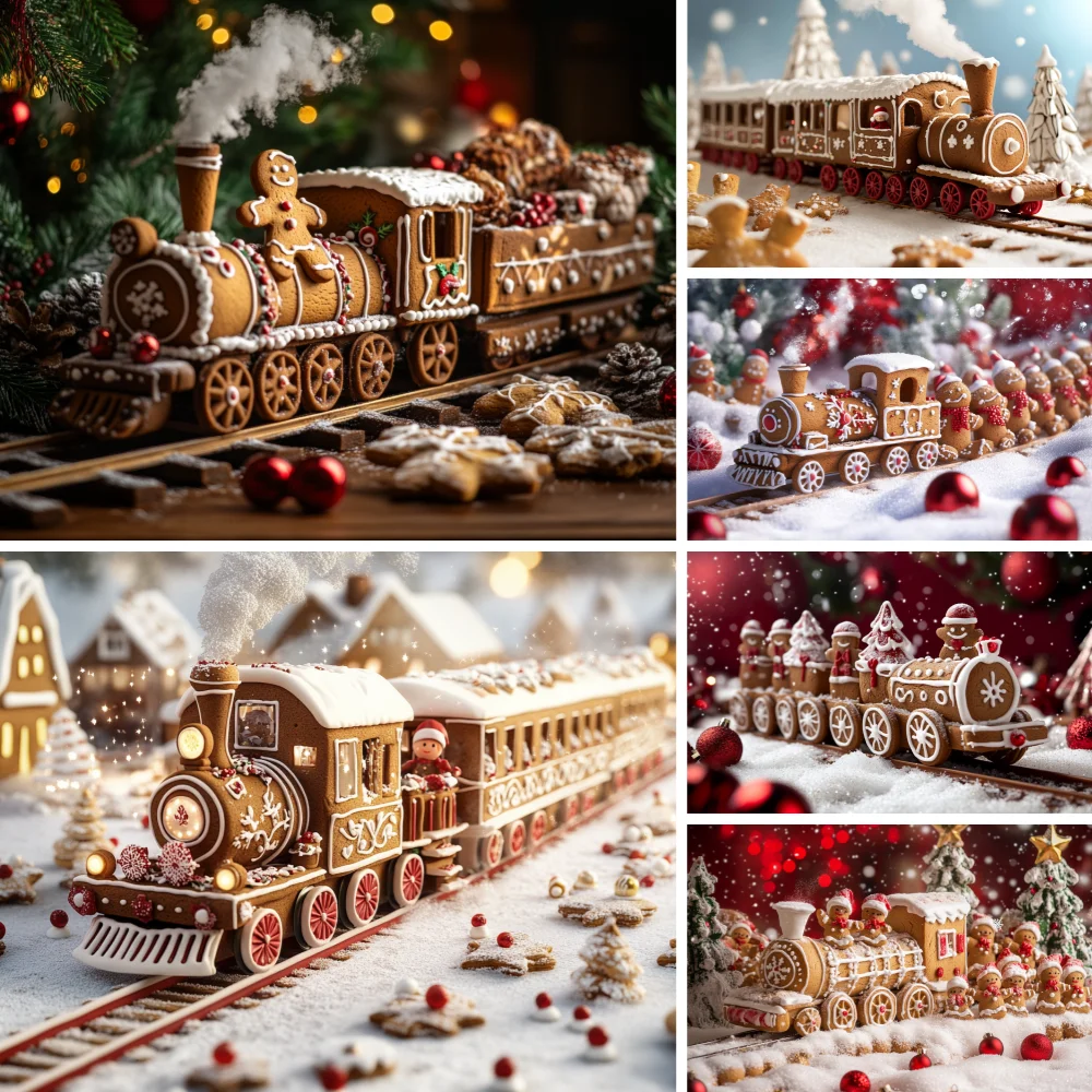 

Photography Background Winter Train Made Of Gingerbread White Icing Christmas Hat Kids Family Portrait Backdrop Decor