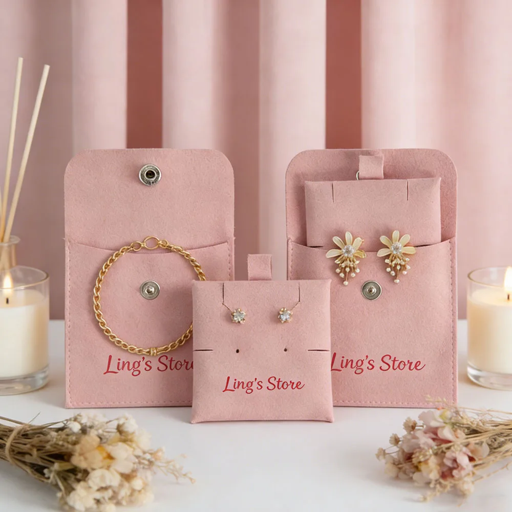 

Custom Logo Jewelry Bags 8x8cm Microfiber Snap Jewelry Earrings Necklace Organizer Pouch Gift Bags with Insert Hardboard Cards