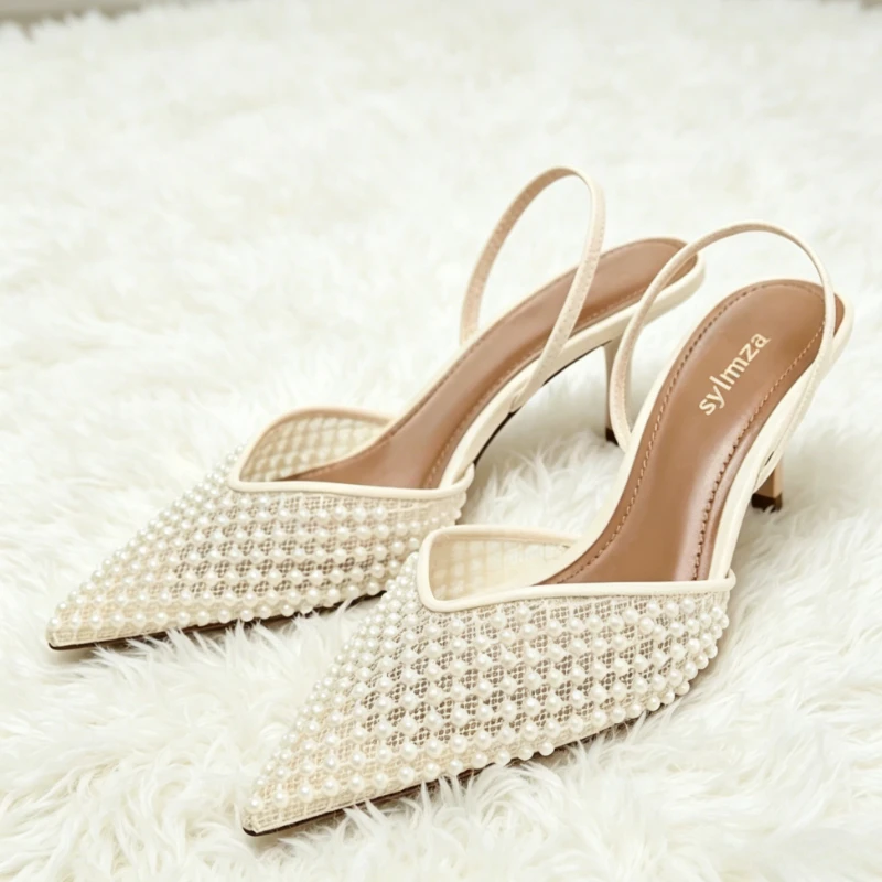 

Summer Mesh String Bead High-heeled Sandals Women Sexy Pointed Toe Slingback High Heels for Ladies Elegant Wedding Bride Shoes