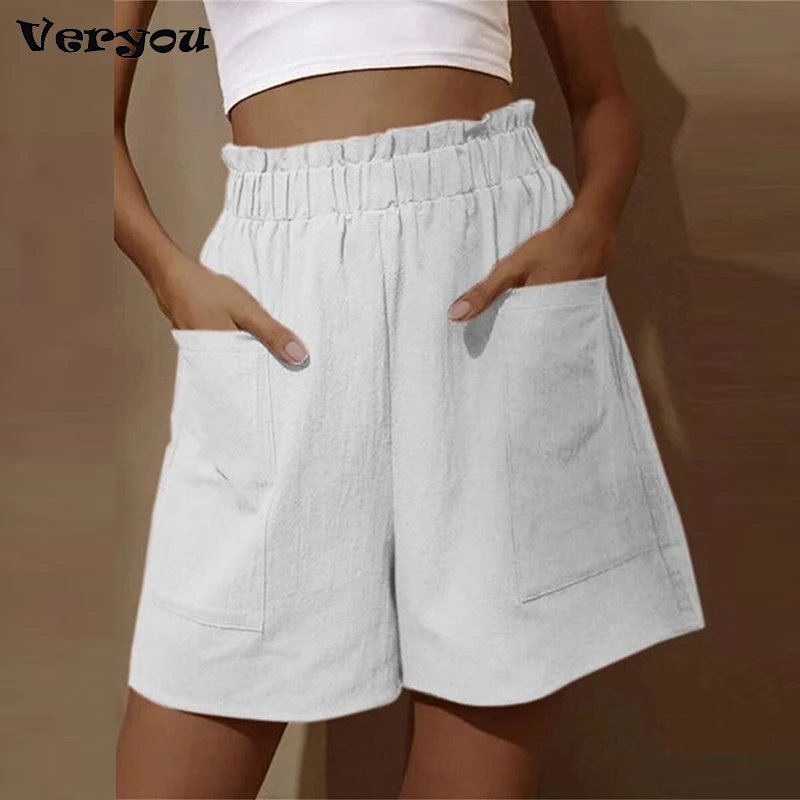 

Women Summer Solid Pockets Cotton Linen Wide Leg Short Pants Female Casual Loose Streetwear High Waist Shorts Pantalones Cortos