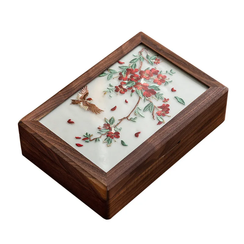 

Walnut embroidery jewelry storage box solid wood exquisite new Chinese jewelry ring wedding birthday gift