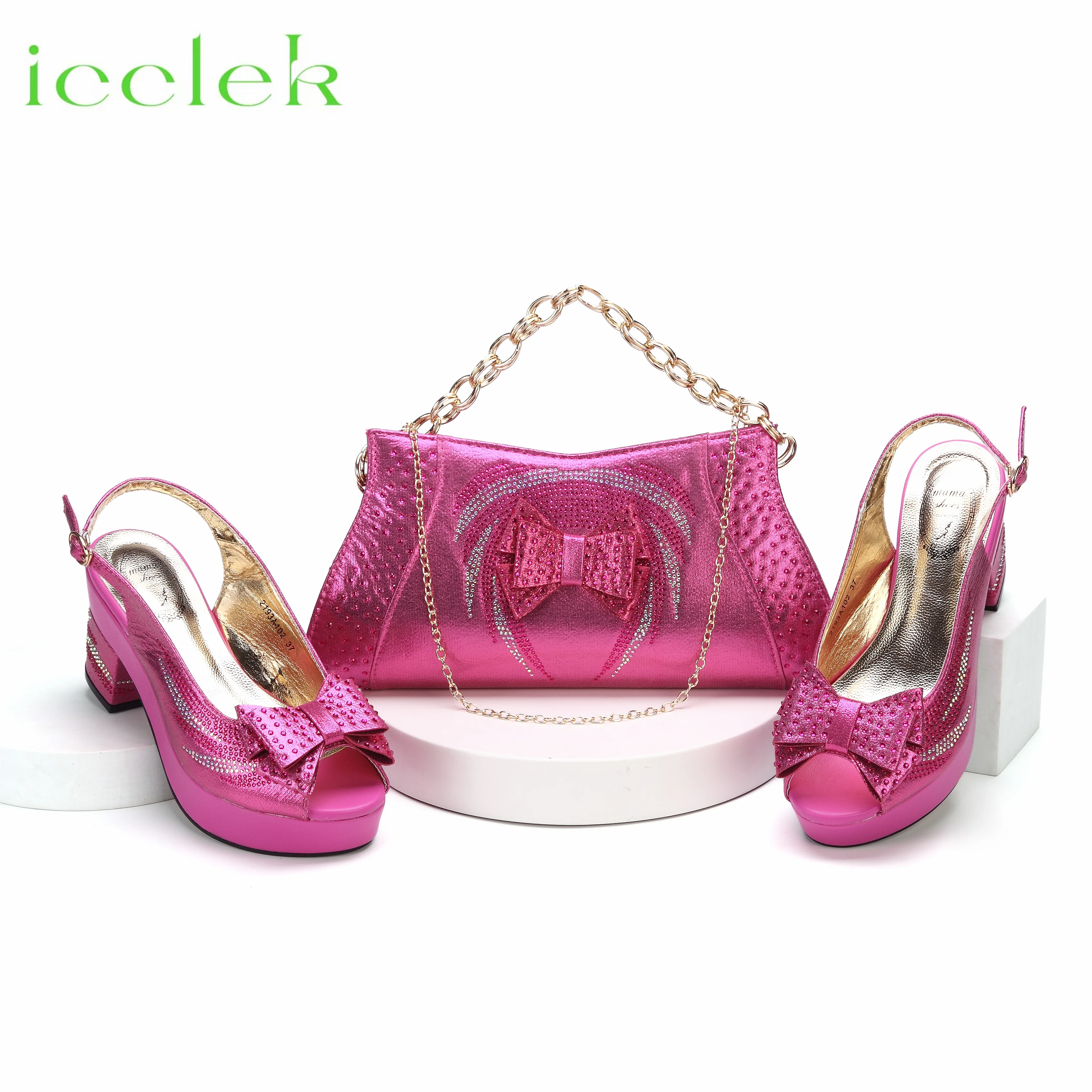 

New Fashionable Fuchsia Color Peep Toe Ladies Shoes Matching Bag Set For Nigerian Women Wedding Party Pump