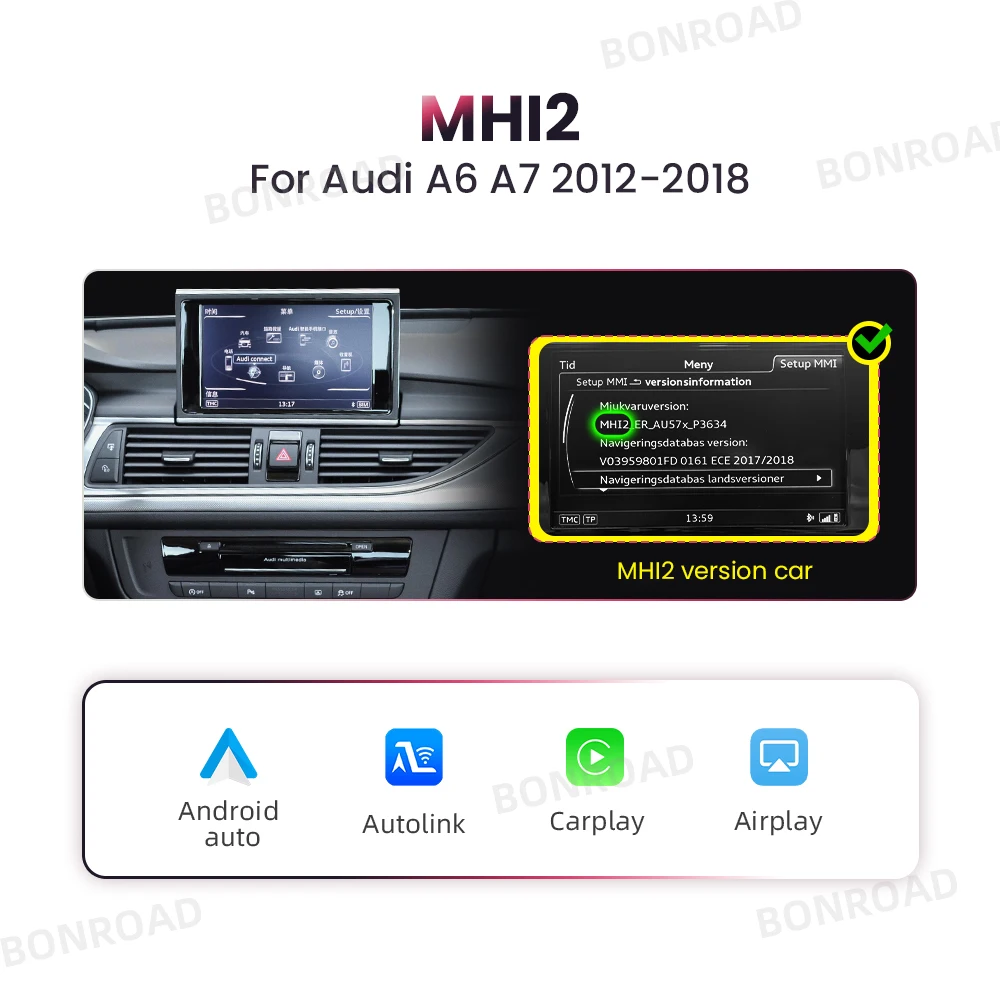 BONROAD Drahtloses CarPlay-Schnittstellenmodul für Audi A6 A7 A4 A5 Q3 A1 Q5 mit Android Auto Mirror Link AirPlay Bluetooth