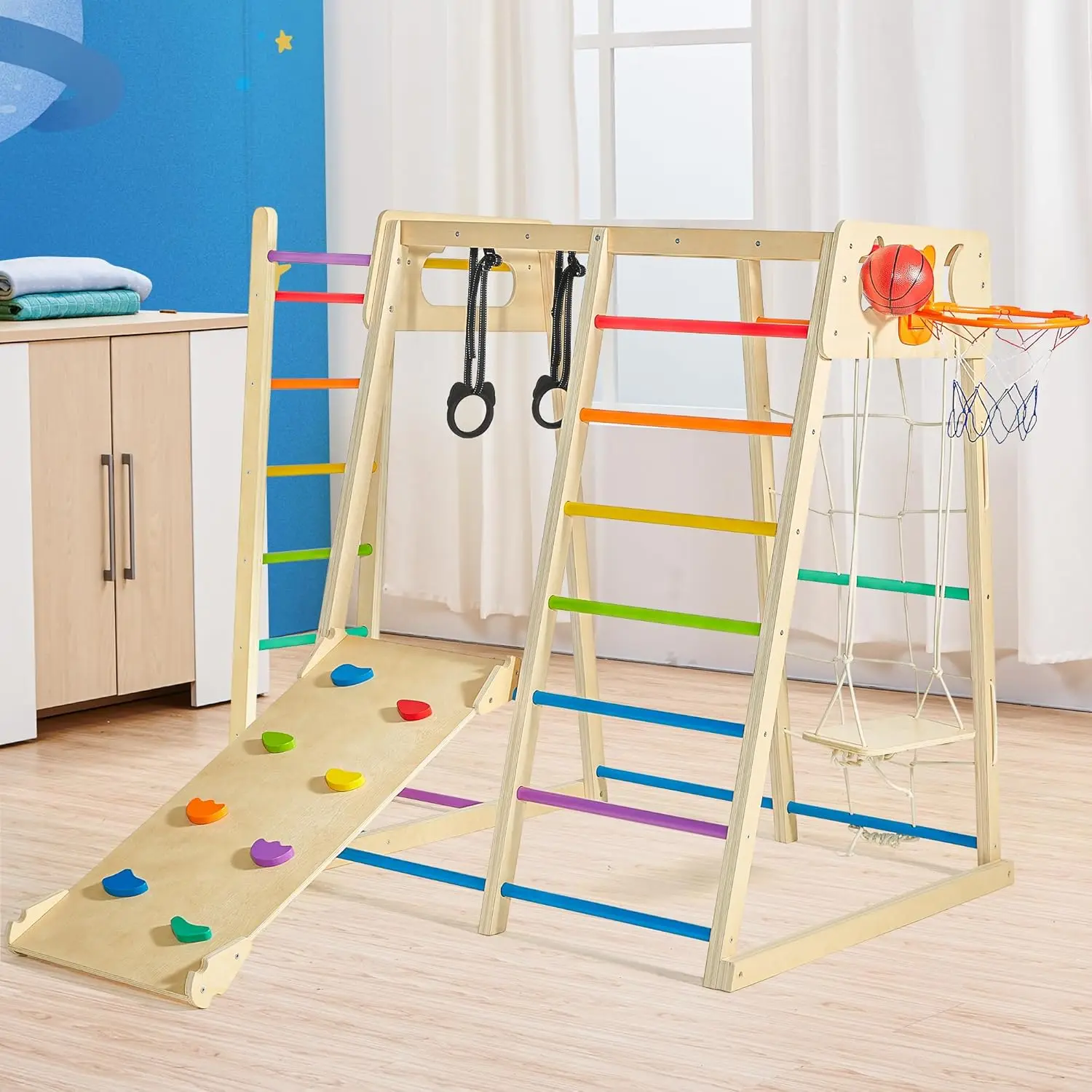 Indoor Playground, Climbing Toys for Toddlers 1-3 Inside with Basketball, Slide, Climbing Wall/Net, Monkey Bars and Swing