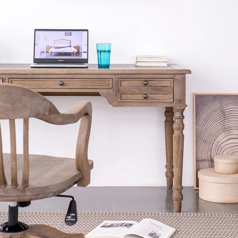 مكتب مكتب ثلاثي المضخات من خشب البلوط الريفي على الطراز الأمريكي، مكتب كمبيوتر على الطراز الأوروبي، مكتب كتابة بسيط، قراءة من الخشب الصلب #4