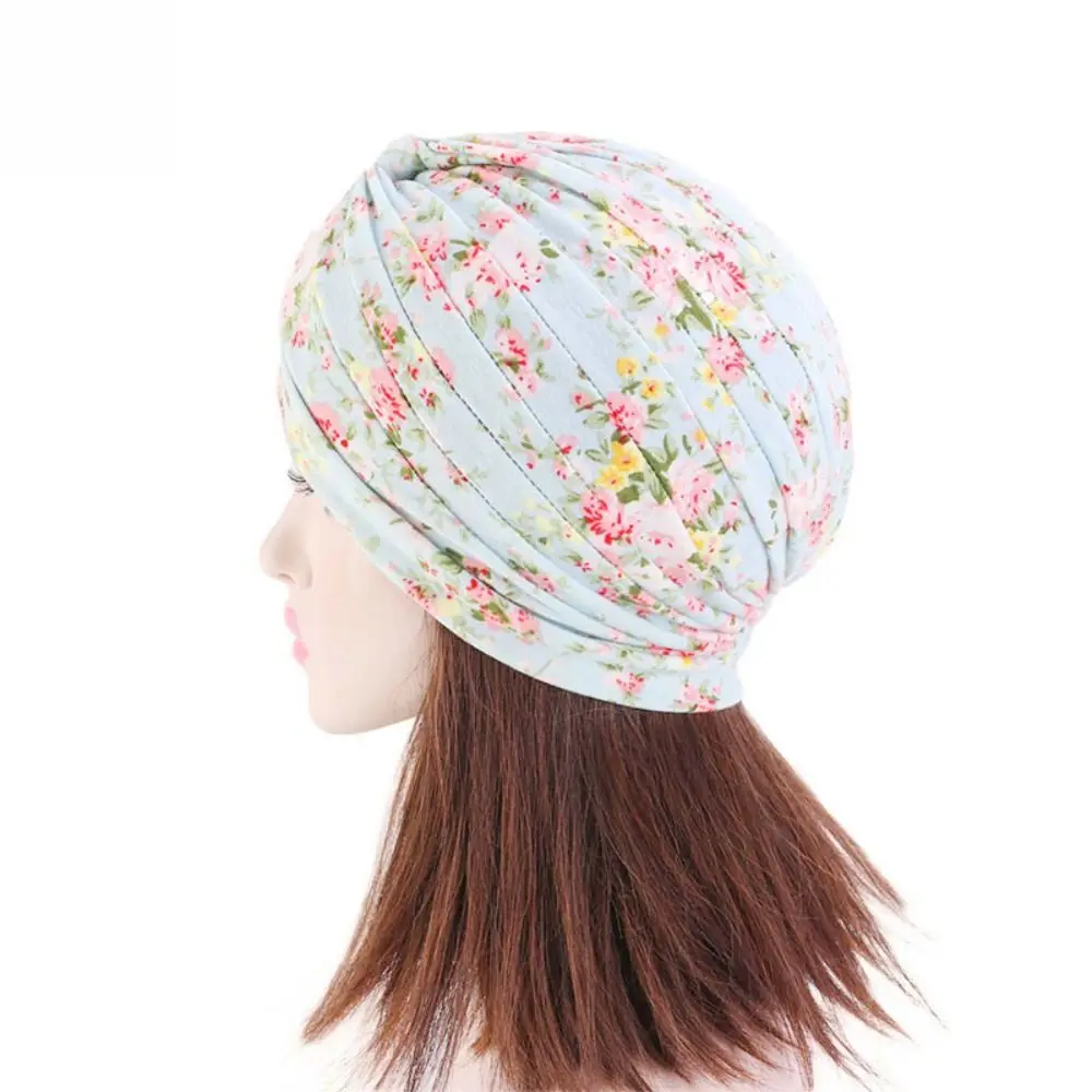 

New Soft Pastoral Style Ruffled Turban Hat Cotton Floral Print Chemo Cap Headwrap Pleated Turban Women