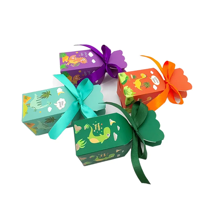 10Pcs Dinosaur Cartoon Candy Box Fishtail Vase Favor Gift Box Baby Packaging Bags With Ribbon Birthday Wedding Party Decoration