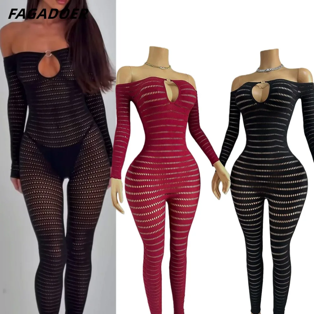 FAGADOER Women's Mesh See Through Jumpsuit Knit Hollow Out Off Shoulder Bodycon One Piece Romper Sexy Night Party Club Playsuits