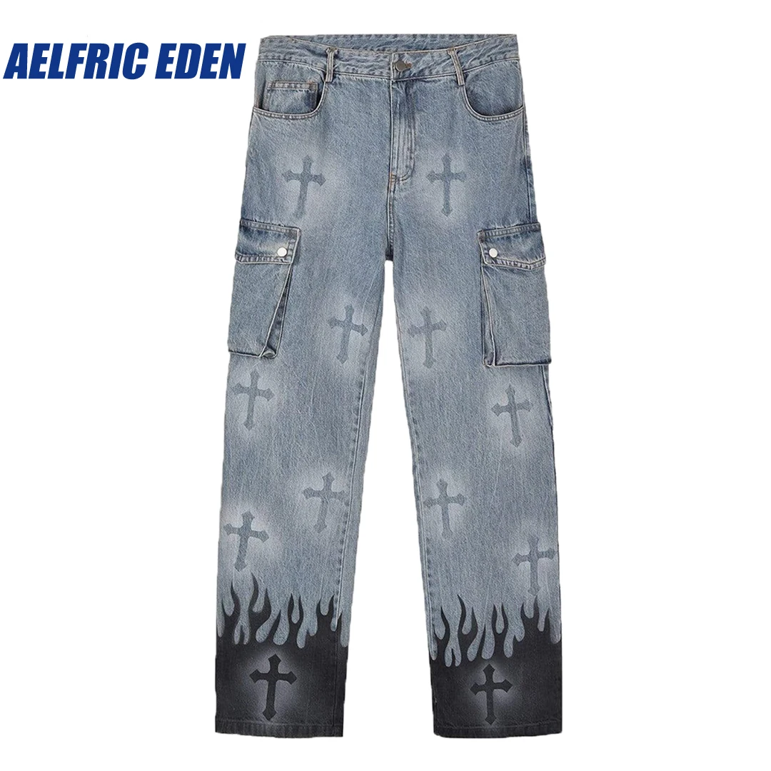 

Aelfric Eden Flame & Cross Vibe Straight Jeans 2023 Y2K Casual Streetwear Jeans Hip Hop Fashion Loose Punk Jeans Pants Clothing