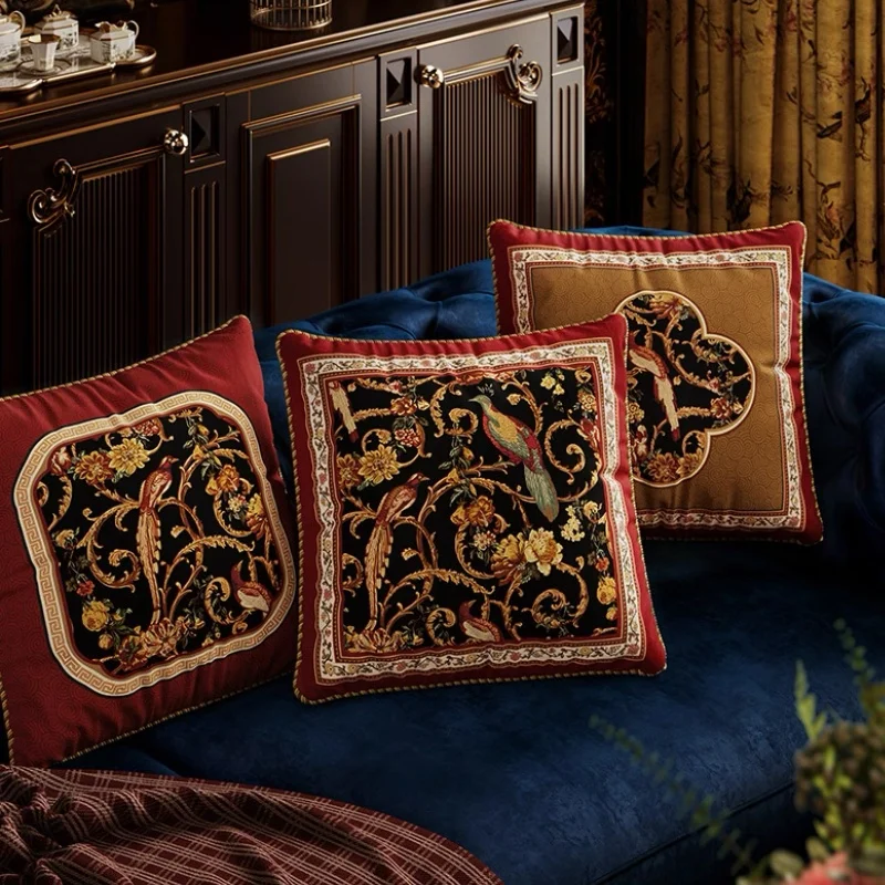 Chinese Red Velvet Pillows Retro Flora Birds Pillows Square Decorative Pillow Cover For Sofa Chair Home Decorations
