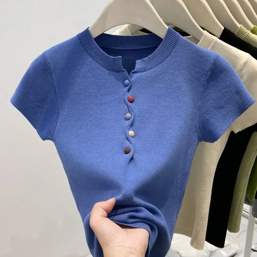 2025 Summer New Multicolor Buttons Short Sleeve Knitting Top Tee Femme Slim Solid Color All-match Oversized Pullovers Women Tops