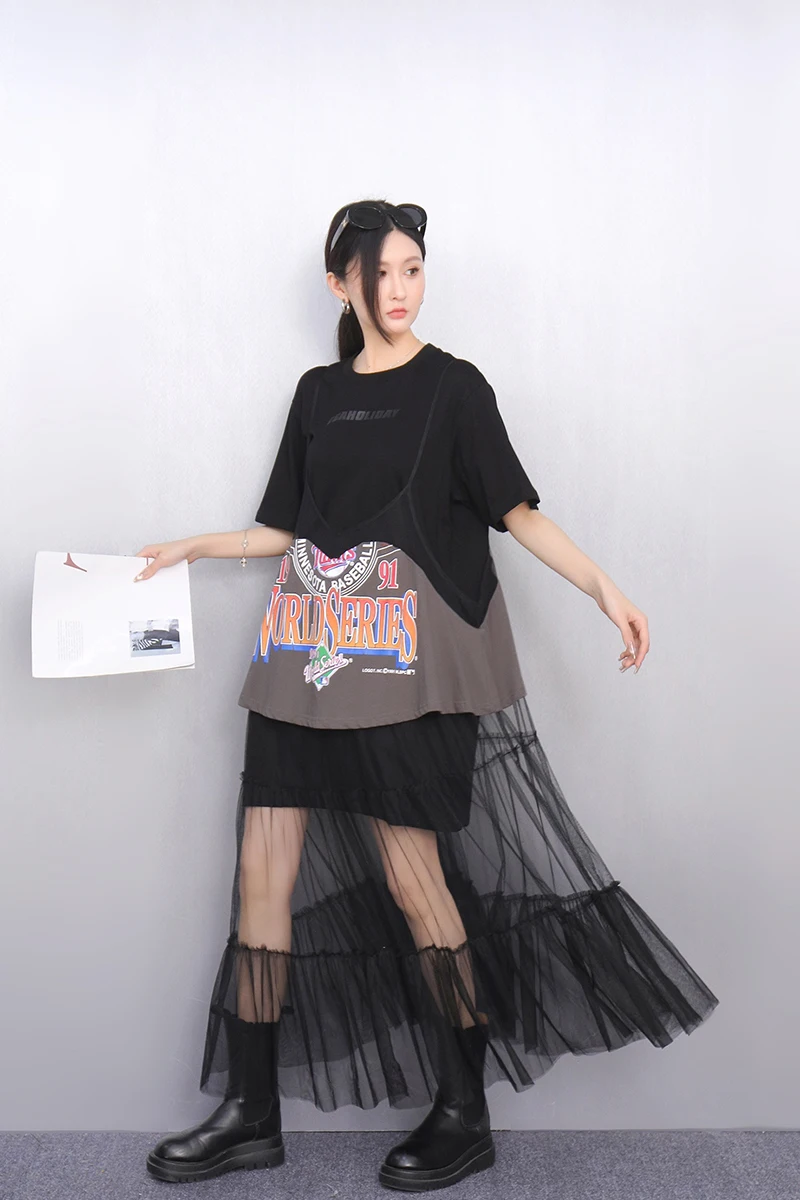 2025 여름 패션 우아한 느슨한 인쇄 메쉬 긴 드레스 여성 짧은 소매 티셔츠 드레스 숙녀 도매 J1120