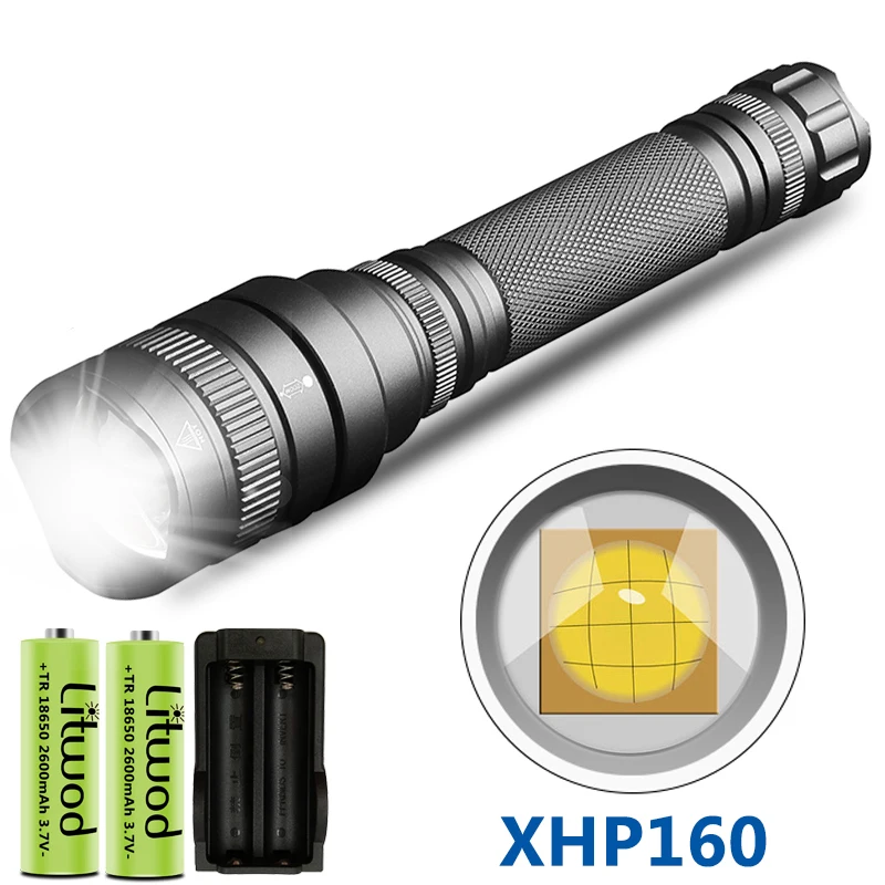 

High Quality XHP160 Zoomable Powerful Tactical Led Flashlight Torch 8000lm 18650 Battery Waterproof Hunting Lantern Light