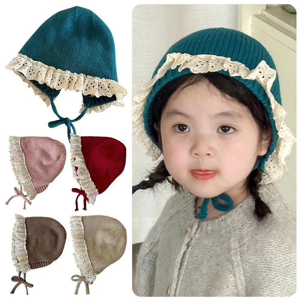 

Baby Boys Girls Hat Autumn Winter Warm Ear Protection Caps Ruffle Lace Princess Children's Knitted Wool Hat