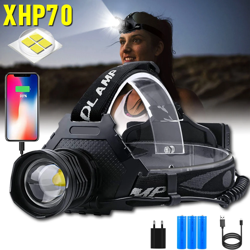 XHP70 LED Rechargeable Headlamp 90000 High Lumens Zoom 18650 Headlight Waterproof Head Flashlight Output Outdoor Camping Running