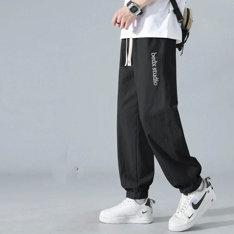 Japanese Style Trend Casual Spring Autumn Men's Elastic Waist Drawstring Letter Embroid Pockets Young Style Loose Cargo Pants